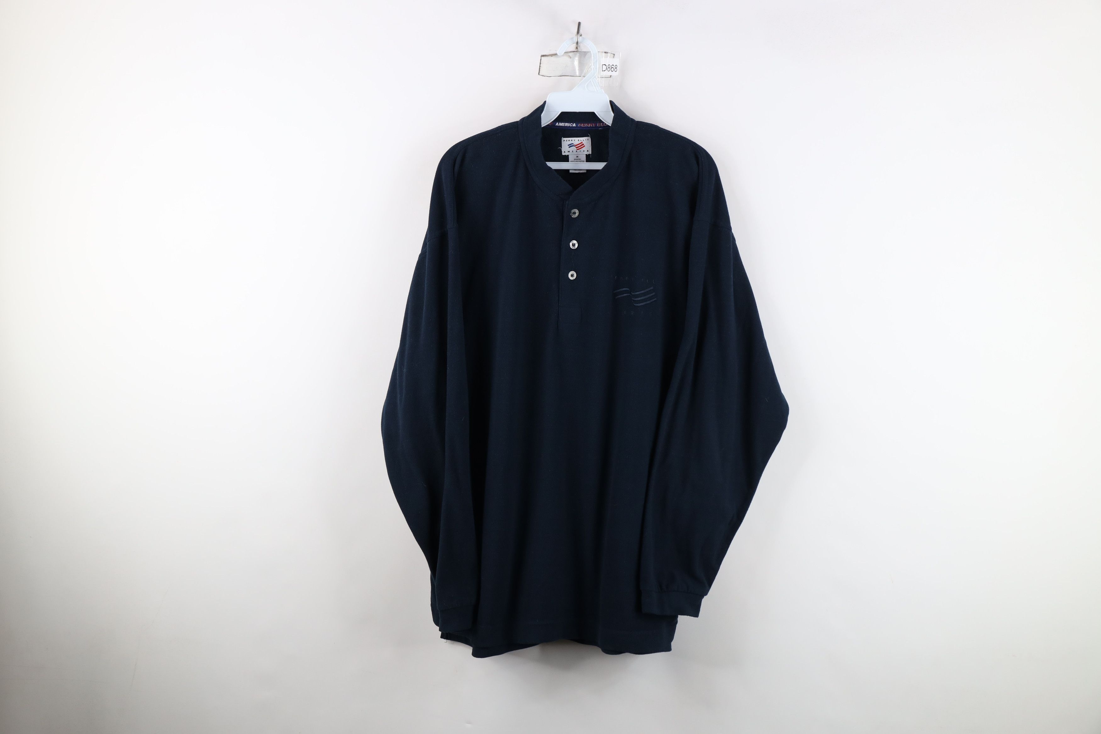 Vintage Vintage 90s Perry Ellis Spell Out Henley Fleece Sweater Blue Size US M / EU 48-50 / 2 - 1 Thumbnail