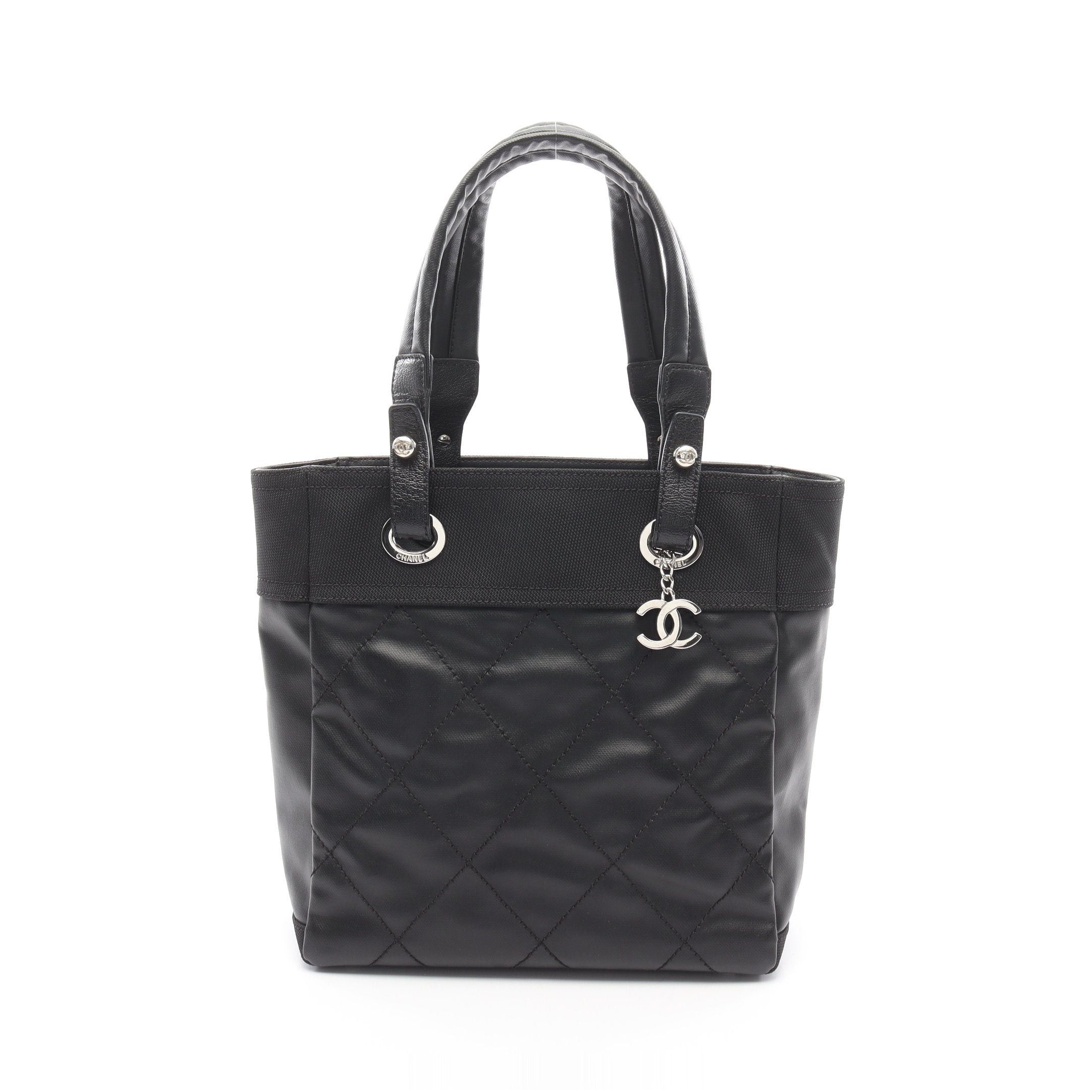 Chanel Paris Biarritz Pm Handbag Tote Bag Coated Canvas Leather Black Silver Hardware, Women's