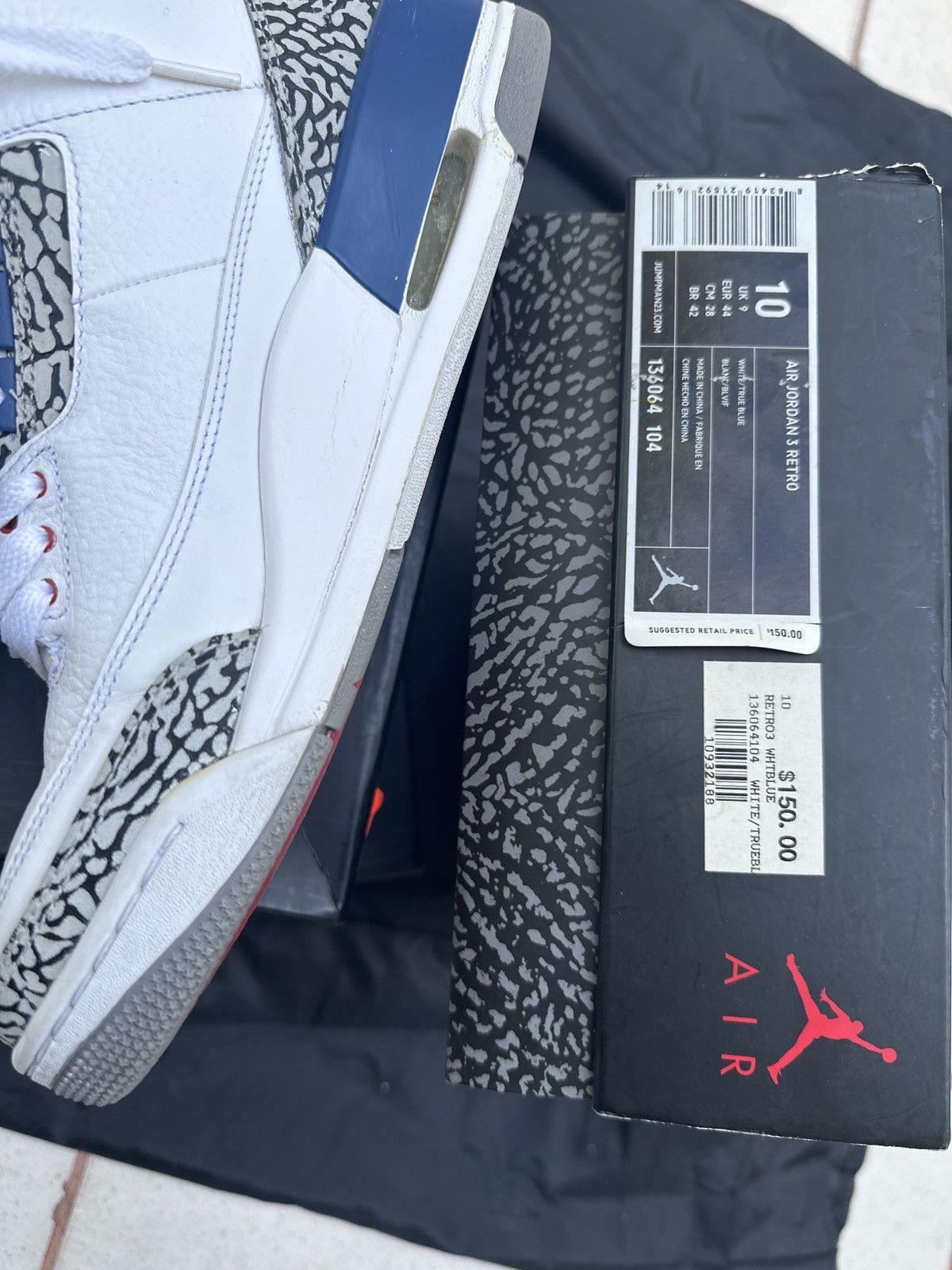 image of Jordan Brand 3 Retro “True Blue” Shoes in White, Men's (Size 10)
