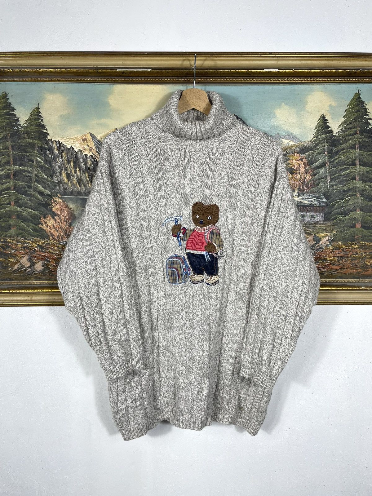 Japanese Brand × Vintage Retro Braid Cable Pull Turtleneck Knitwear Jumper Bear Wool Size US XL / EU 56 / 4 - 1 Thumbnail