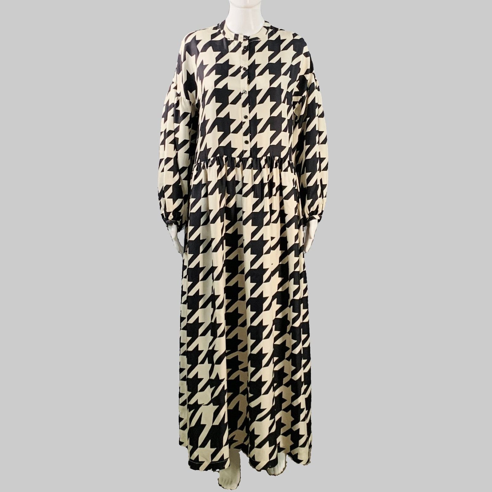 Creatures of Comfort Size 4 Beige Silk Twill Houndstooth Collarless A-Line Dress Size S / US 4 / IT 40 - 1 Thumbnail