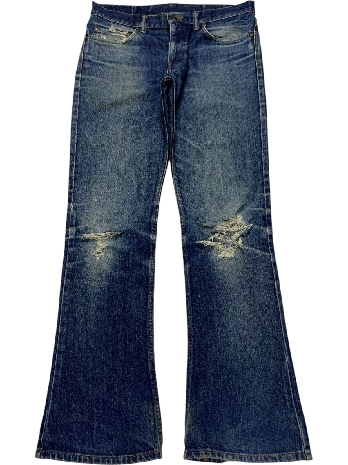 Vintage Japanese Brand Blue Wash Distressed Flare Jeans