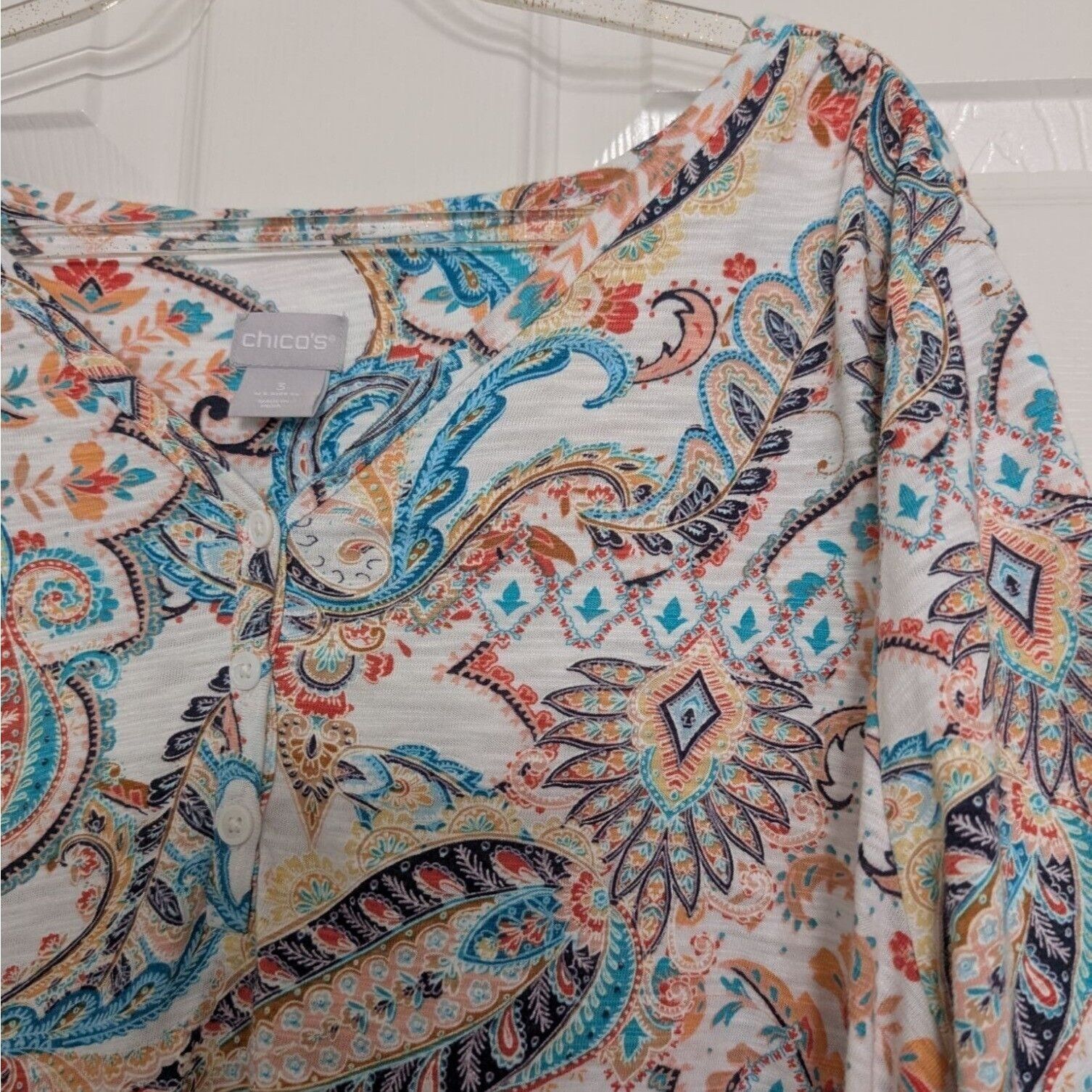 Designer Chicos 3 Paisley Boho Shirt Size XL White Cotton Modal Short Size XL / US 12-14 / IT 48-50 - 5 Thumbnail