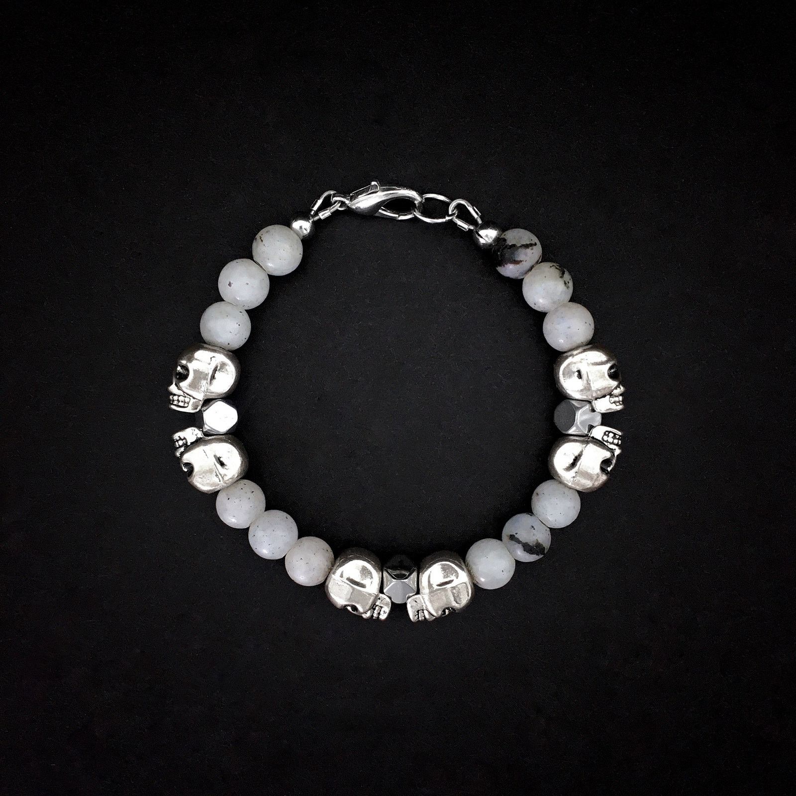 Handmade 💀Silver Skull Labradorite and Hematite Bracelet Size ONE SIZE - 3 Thumbnail