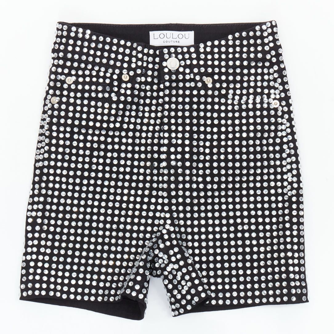 LOU LOU COUTURE black clear glass crystal encrusted cotton high waiste shorts XS