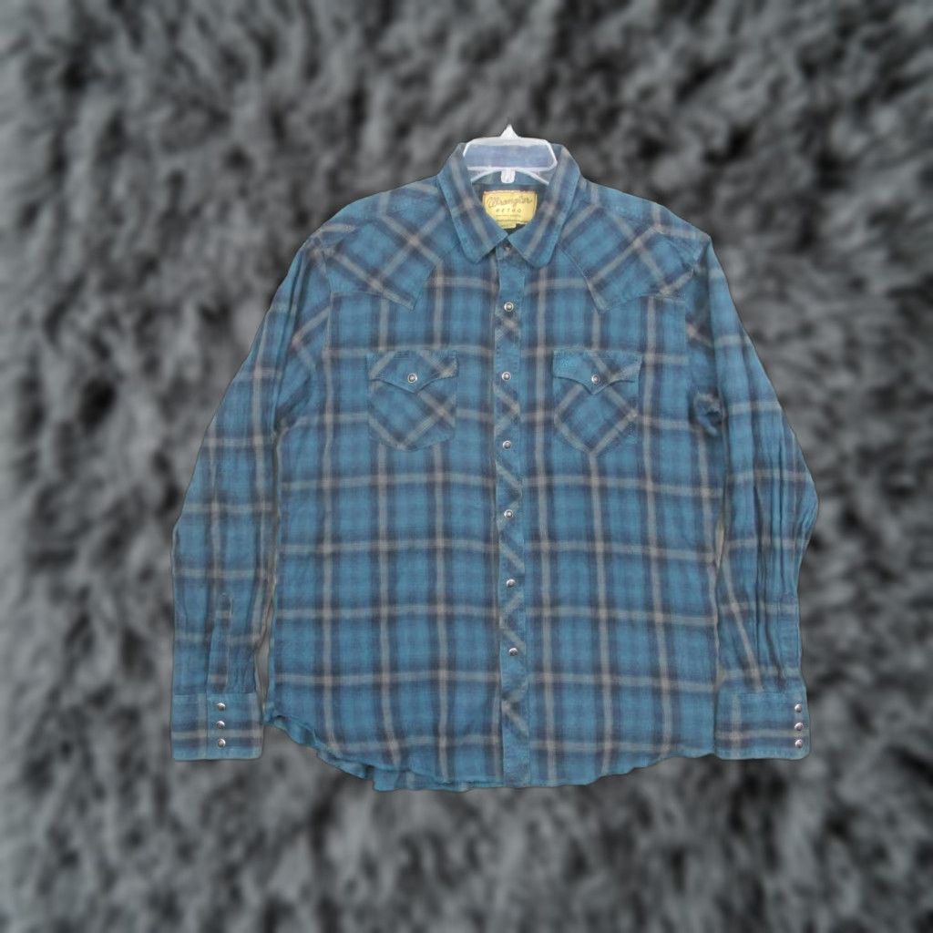 Wrangler Wrangler Shirt Mens XL Blue Plaid Retro Western Snap Front Flannel Long Sleeve Size US XL / EU 56 / 4 - 1 Thumbnail