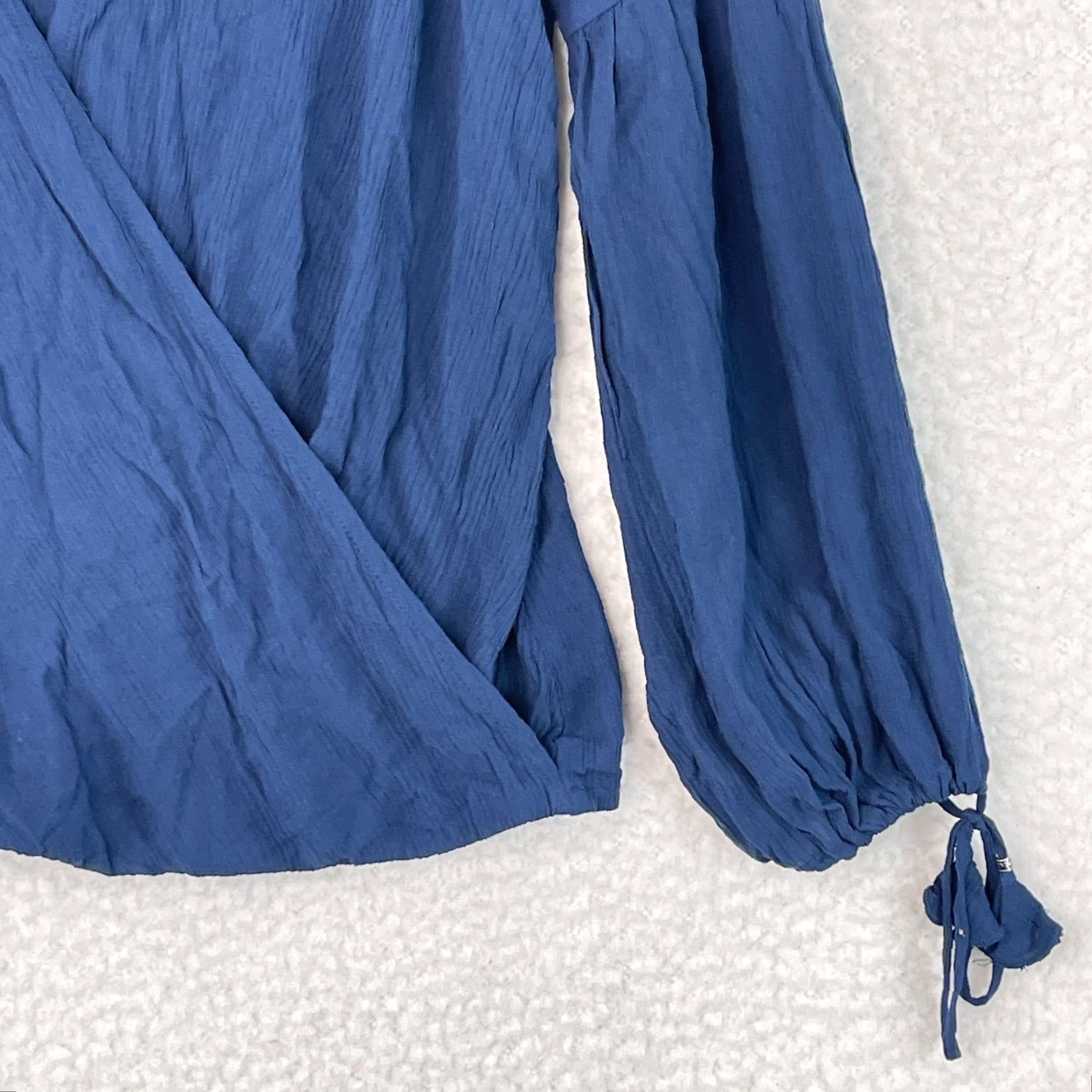 Vintage Lovestitch Navy Blue Crepe Wrap Shirt Womens Medium Long Sleeve Tassel V-Neck Blouse Size M / US 6-8 / IT 42-44 - 3 Thumbnail