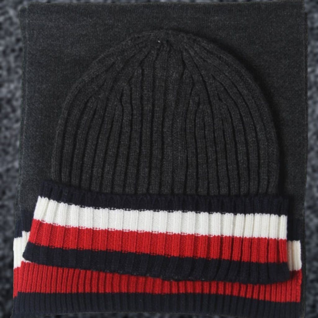 Tommy Hilfiger Tommy Hilfiger Beanie Scarf 2 Piece Set Unisex Grey Black Red White NWT Acrylic Solid 66" Scarf 9" Beanie Mens Womens Size ONE SIZE - 1 Preview