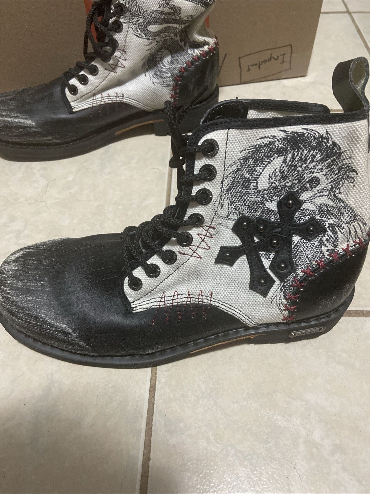 Affliction × Vintage VTG AFFLICTION Distressed Leather/Canvas Dragon Combat Boots Size US 11 / EU 44 - 2 Thumbnail