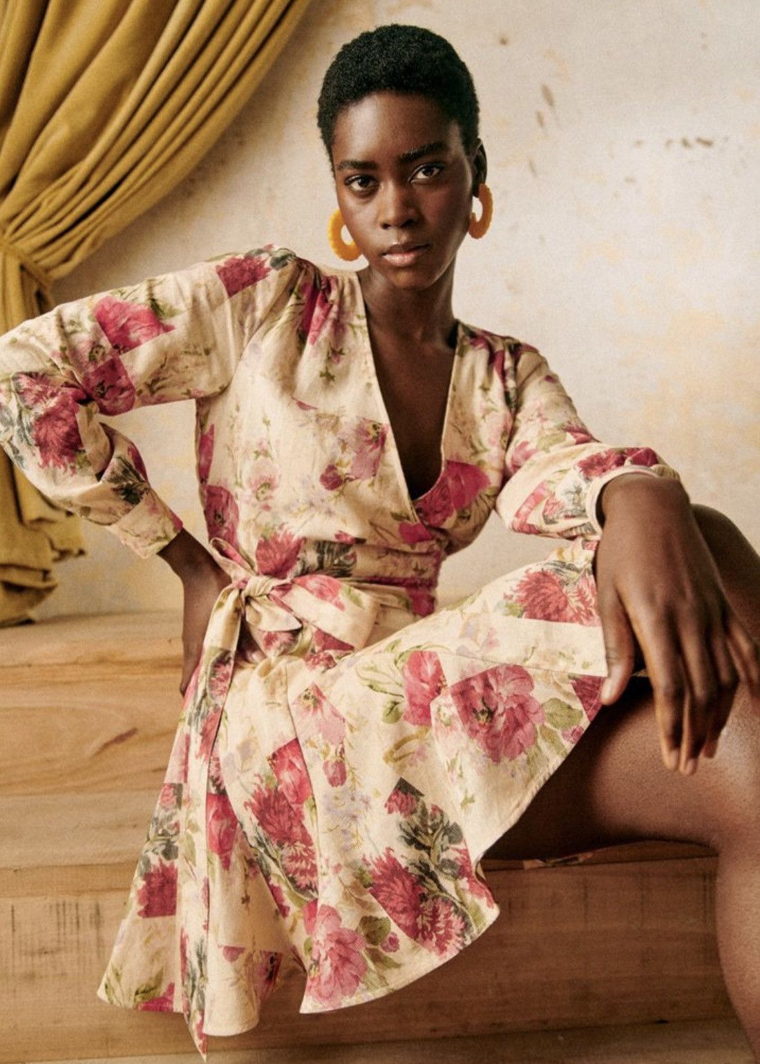 Sezane Linen Mini Wrap Floral Patchwork Dress Gown 1XL, Women's