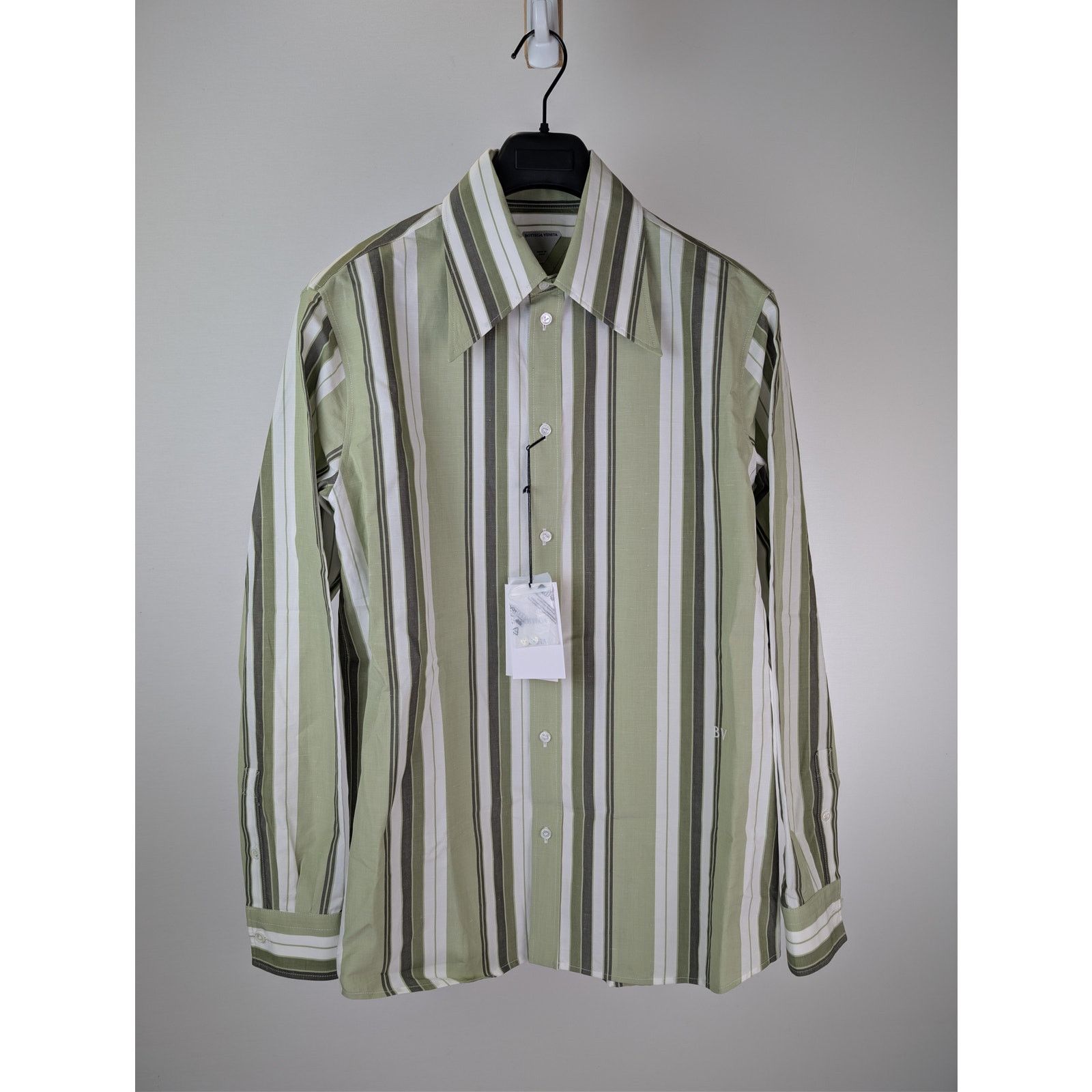 Bottega Veneta o1rshd1 Chunky Cotton Stripe Shirt Green/Olive Multi-Stripe Size US M / EU 48-50 / 2 - 1 Thumbnail