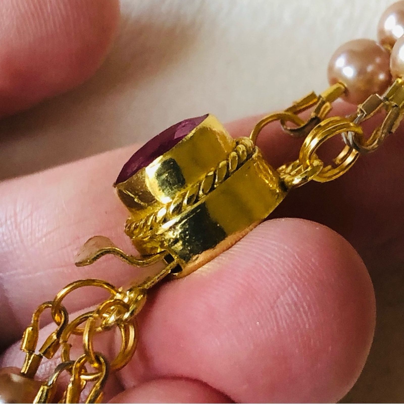 Handmade Handcrafted triple strand tan pearl genuine ruby necklac Size ONE SIZE - 9 Thumbnail