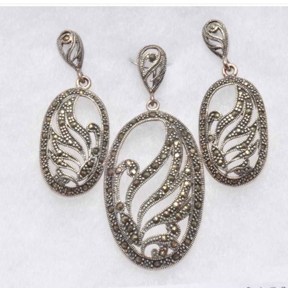 image of Designer 925 Sterling Silver Marcasite Earrings And Pendant Set, Women's