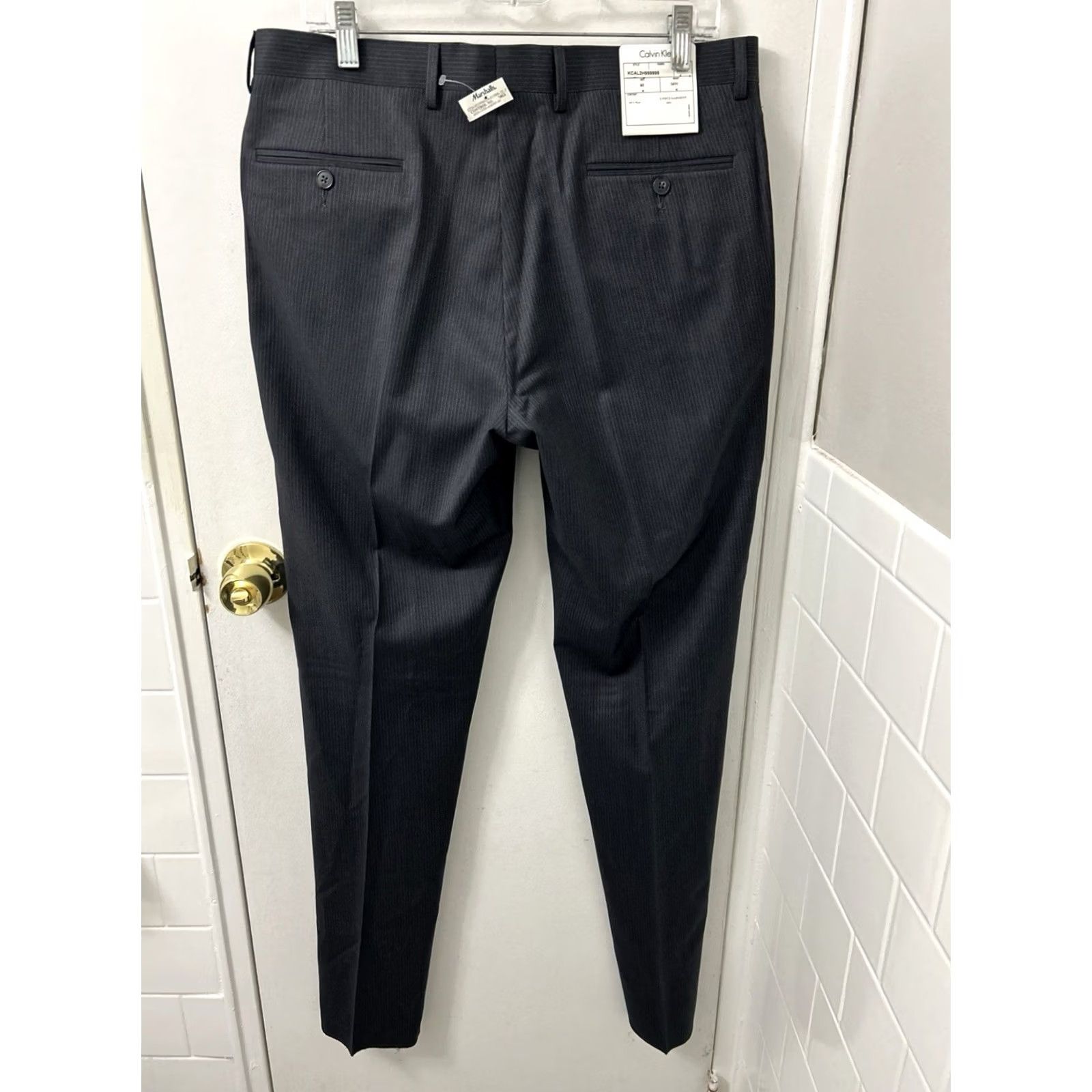 Calvin Klein Calvin Klein Dress Pants Mens 34x35 Gray Pinstripe Wool Flat Front Tapered NWT Mens Clothing Pants Size US 34 / EU 50 - 2 Thumbnail