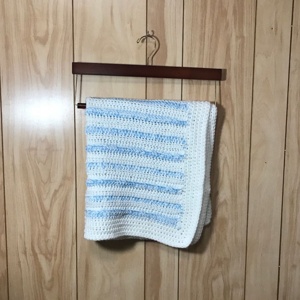 Handmade NWT Blue White Striped Handmade Crocheted Blanket by Dawny Size ONE SIZE - 1 Thumbnail