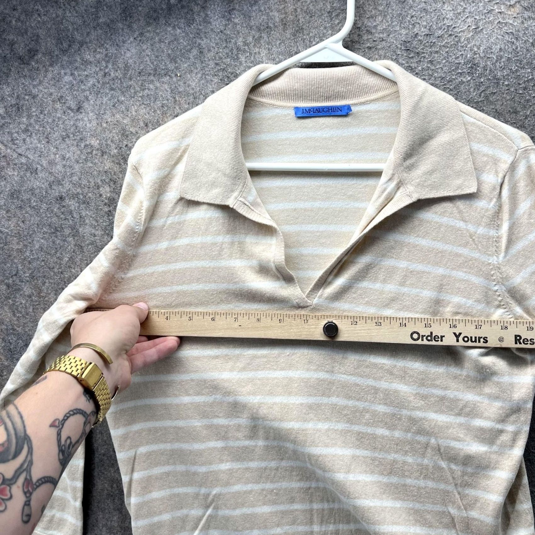 J.McLaughlin J. McLaughlin Polo Shirt Womens Medium Beige Stripe 3/4 Sleeve Collared Top Size M / US 6-8 / IT 42-44 - 5 Thumbnail