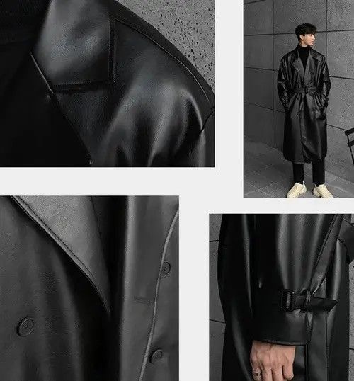 VIBE Streetwear style Long Black Faux Leather trench coat y2k Size US L / EU 52-54 / 3 - 7 Thumbnail