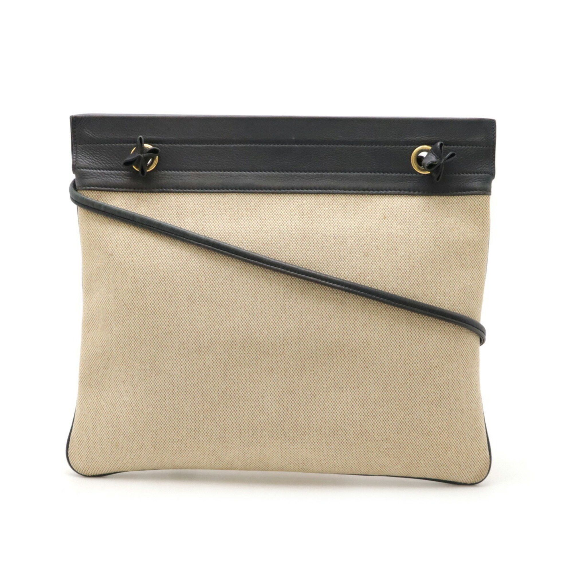 Hermes Shoulder Bag Toile Chevron Leather Natural Navy Blue L Engraved, Women's