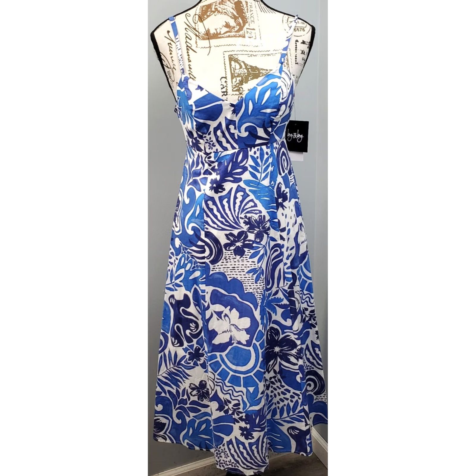 Vintage By & By Fit & Flare Dress Womens XS Blue & White Printed Sweetheart Neck Back Zip Size XS / US 0-2 / IT 36-38 - 2 Thumbnail