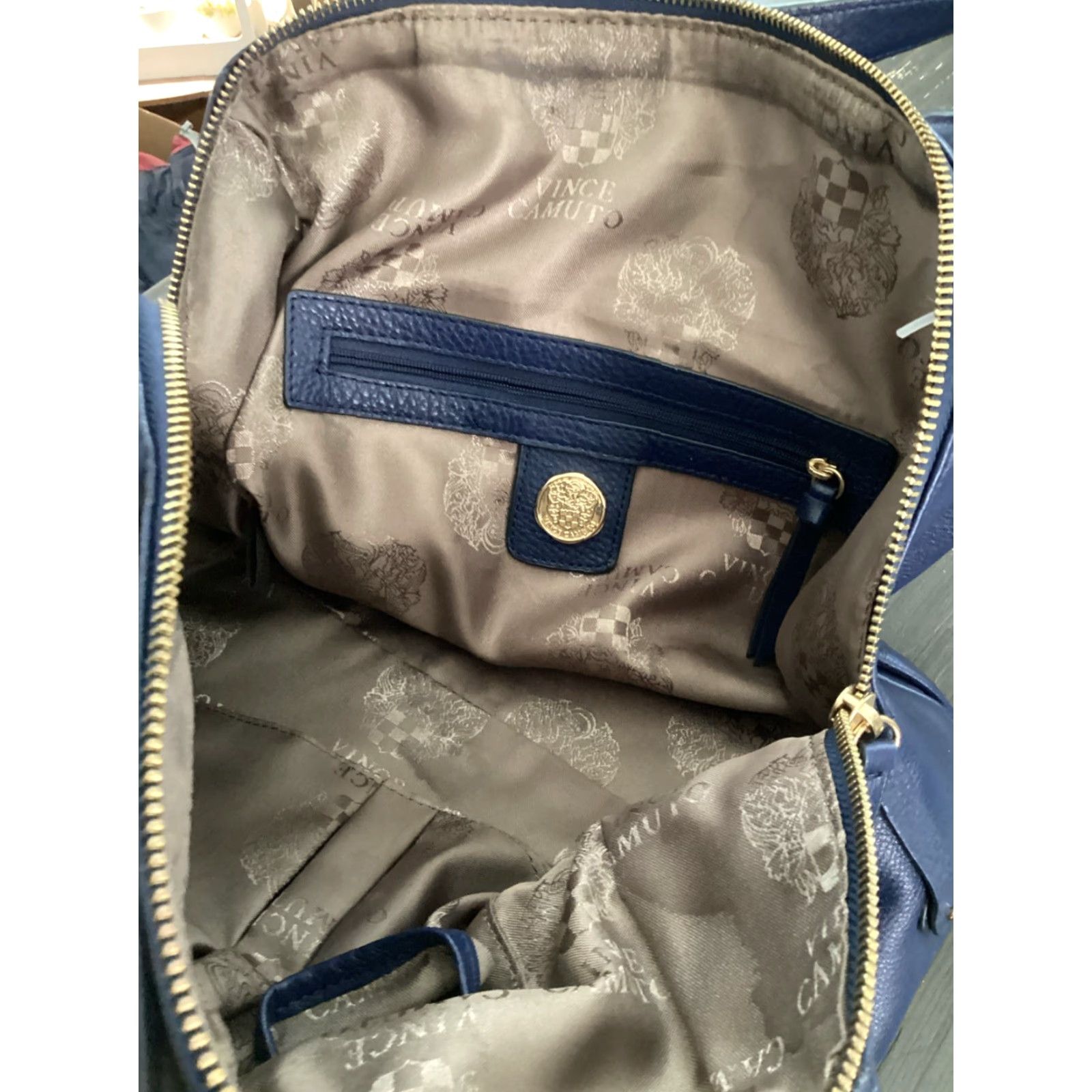 Vince Camuto Vince Camuto Leather Zip Tote Bag for Women - Blue Gold, Medium, Double Handles, Gold-Plated Hardware Size ONE SIZE - 7 Thumbnail
