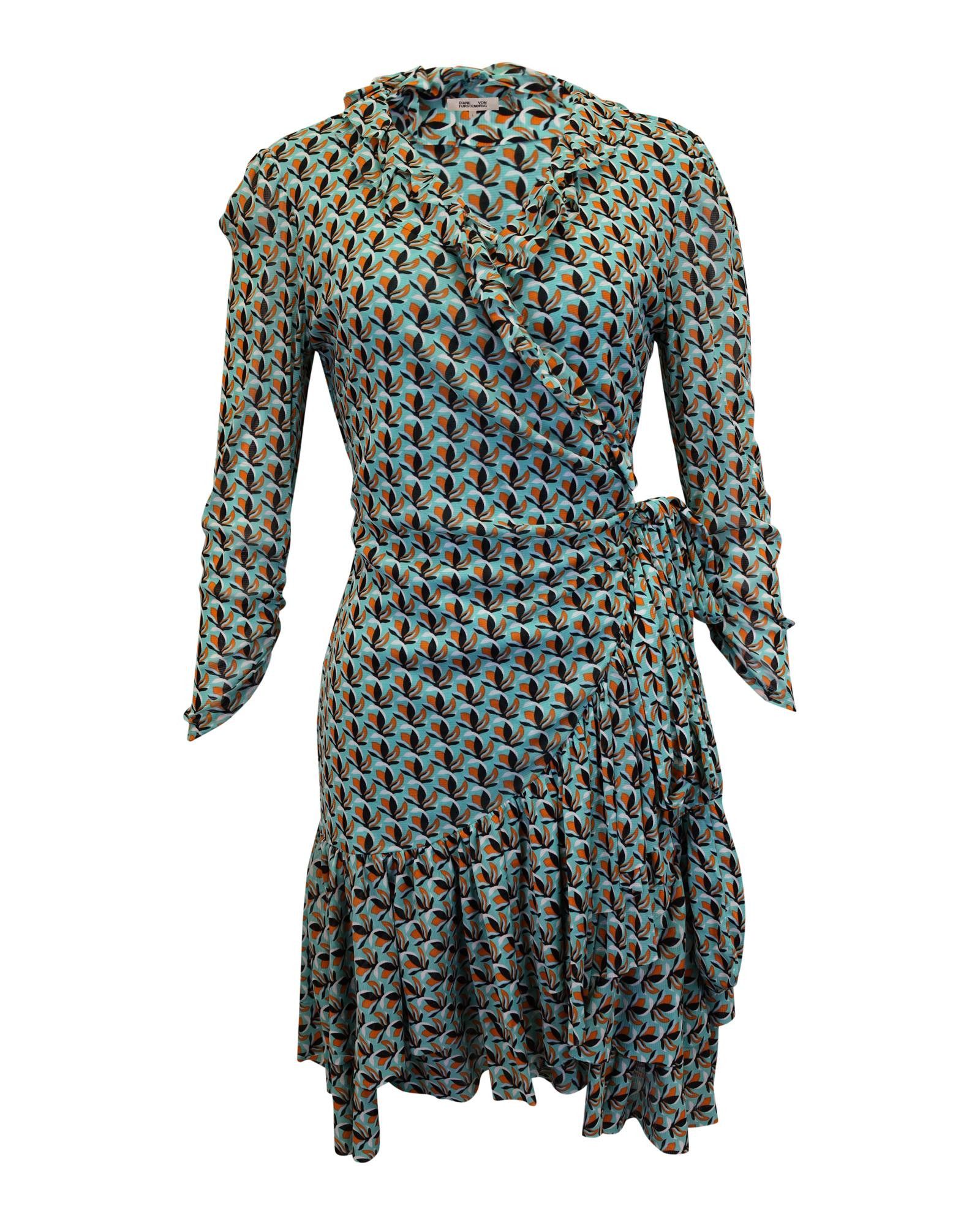 image of Turquoise Silk Ruffled Wrap Dress By Diane Von Furstenberg, Women's (Size Large)