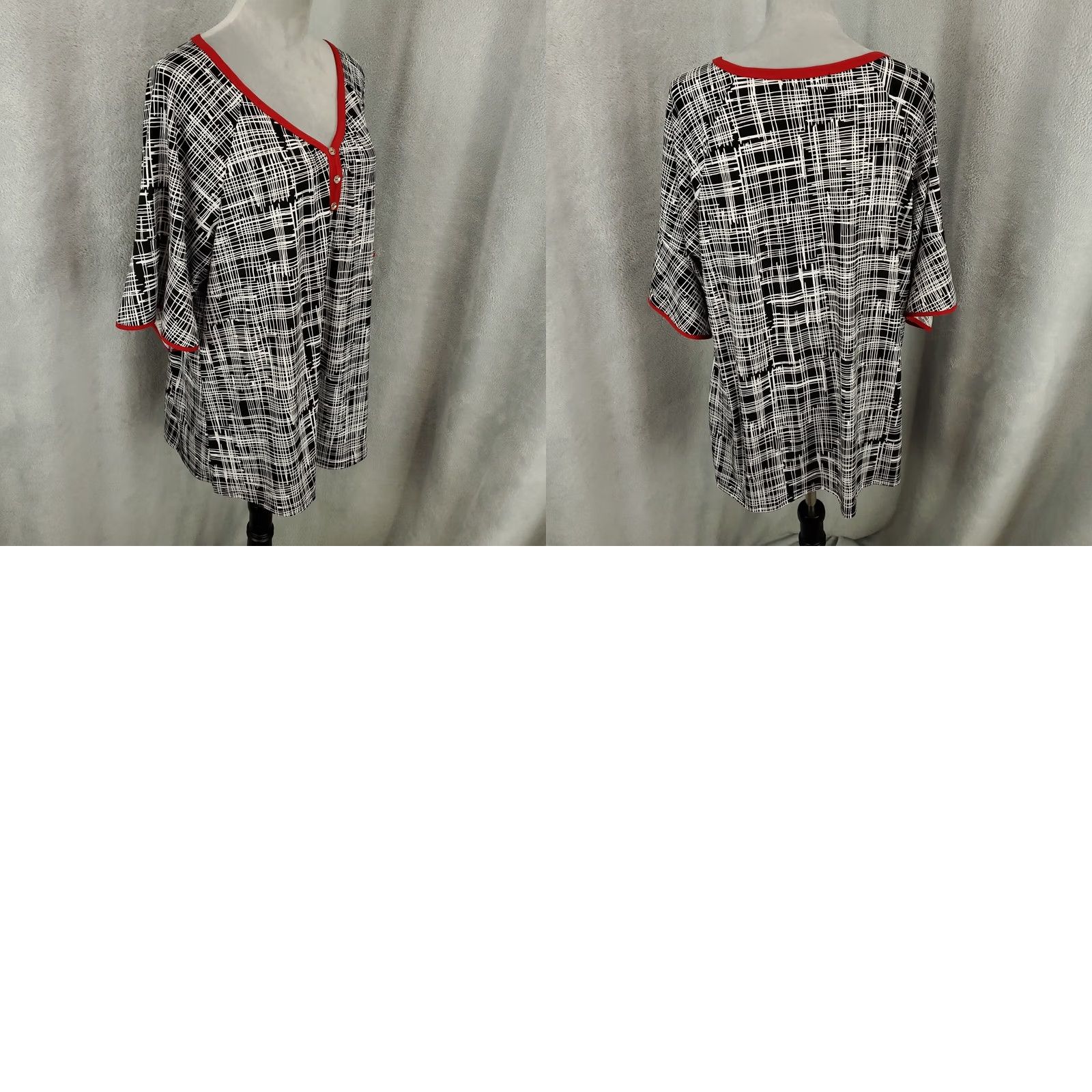 Bell Womens 2X Artsy Top Black White Geometric Red Trimmed V Neck Bell Flutter Sleeve Shirt Blouse Liz McCoy Size XXL / US 16-18 / IT 52-54 - 8 Thumbnail