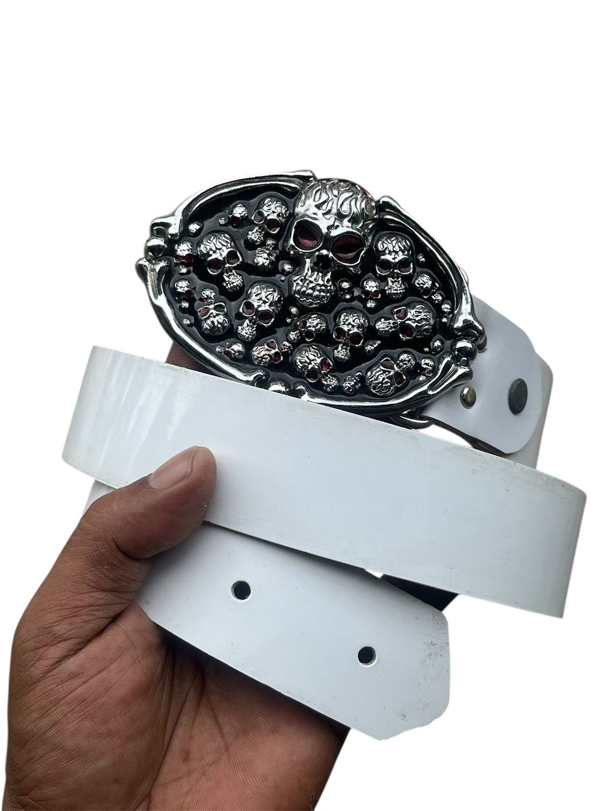 If Six Was Nine Gothic Skull Heavy Metal Buckle Belt White Size 32 - 1 Thumbnail