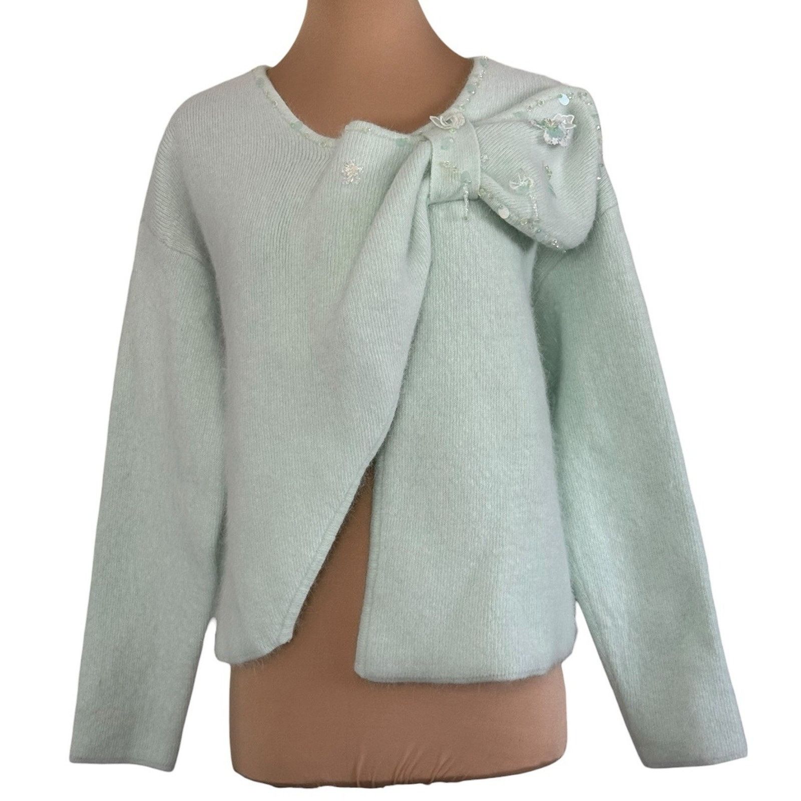 Other MARIE ELIE Mint Green Bow Embellished Angora Wool Sweater M Size M / US 6-8 / IT 42-44 - 3 Thumbnail