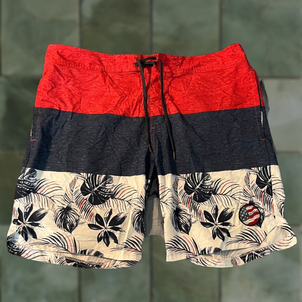 TravisMathew Travis Mathew Mens USA Hawaiian Pattern Board Swim Shorts Size 39 Multicolor Pattern Striped Back Pocket Drawstring Regular Bottom Men Size US 39 - 1 Thumbnail