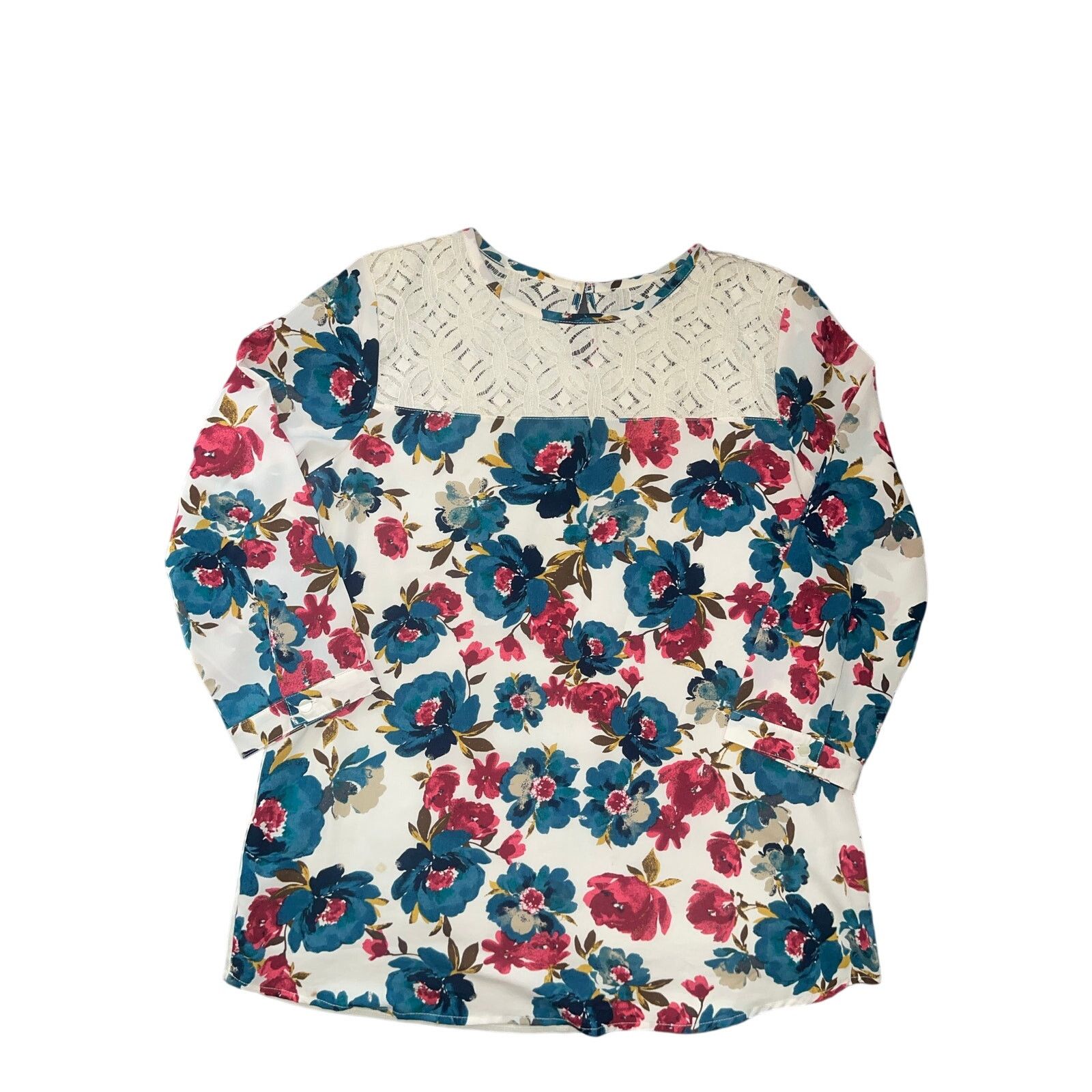 Van Heusen Women 3/4 Sleeve Lace flowered top blouse Boho Artsy Chic Size M / US 6-8 / IT 42-44 - 1 Thumbnail