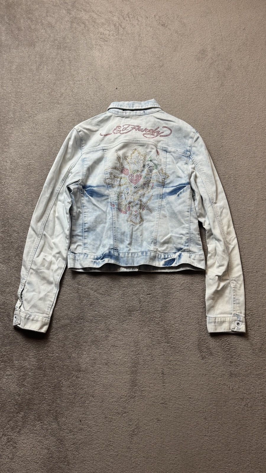 Ed Hardy Y2K Ed Hardi Vintage Rhinestone Washed Denim Cropped Jacket Size S / US 4 / IT 40 - 1 Thumbnail