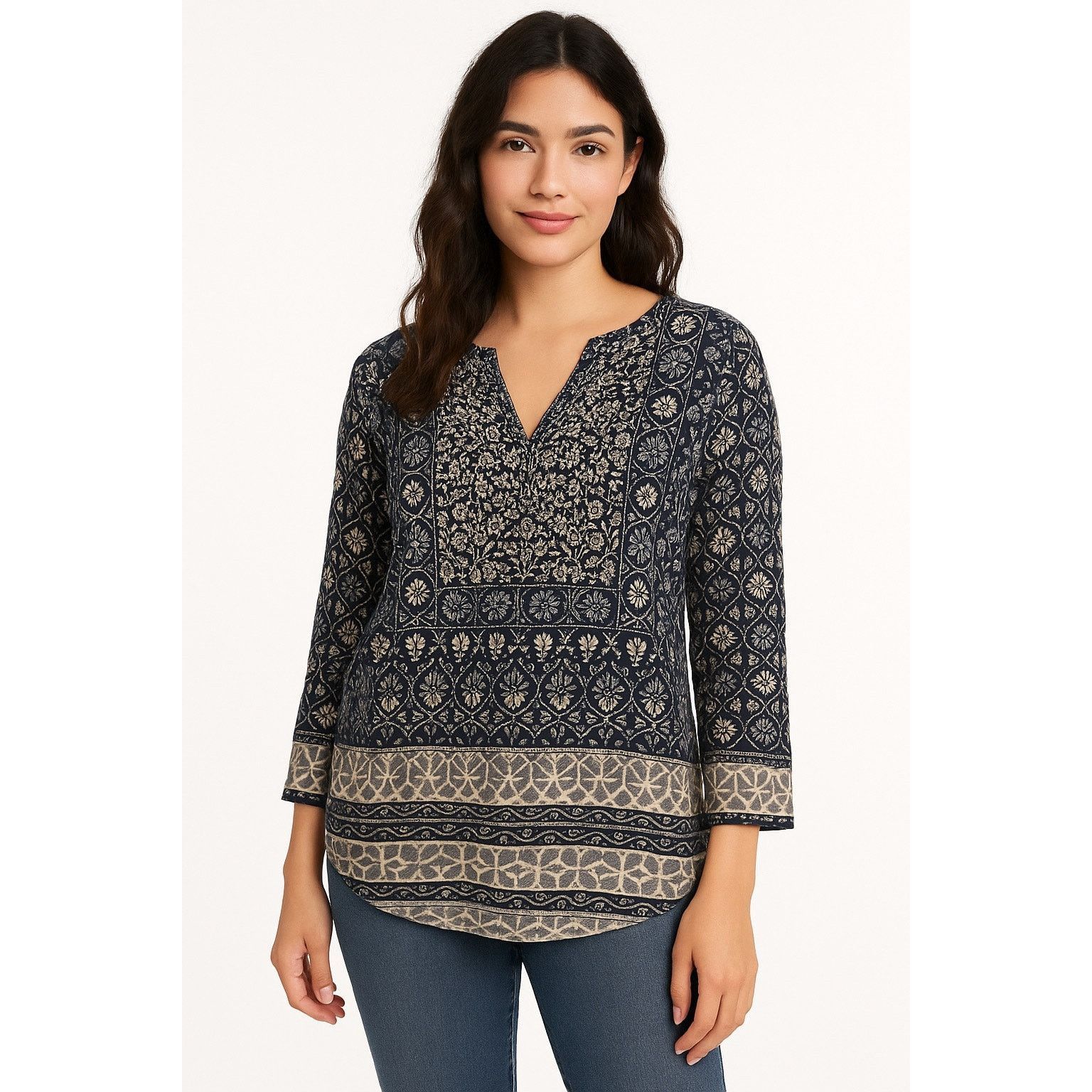Lucky Brand Boho Navy Floral Border Print Tunic Top Lucky Brand Size XL Size XL / US 12-14 / IT 48-50 - 1 Thumbnail