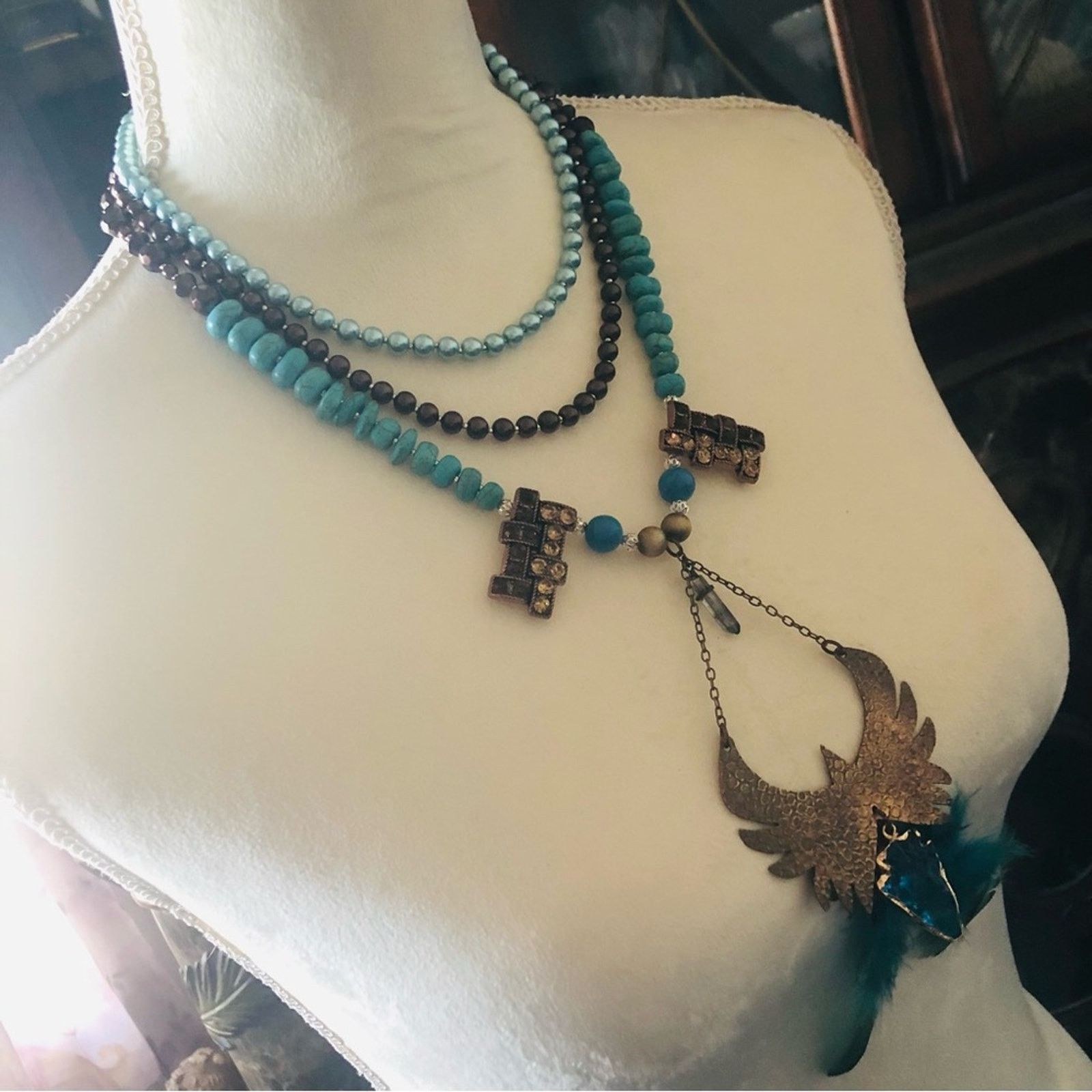Handmade Handcrafted copper eagle Czech Pearl howlite necklace Size ONE SIZE - 4 Thumbnail