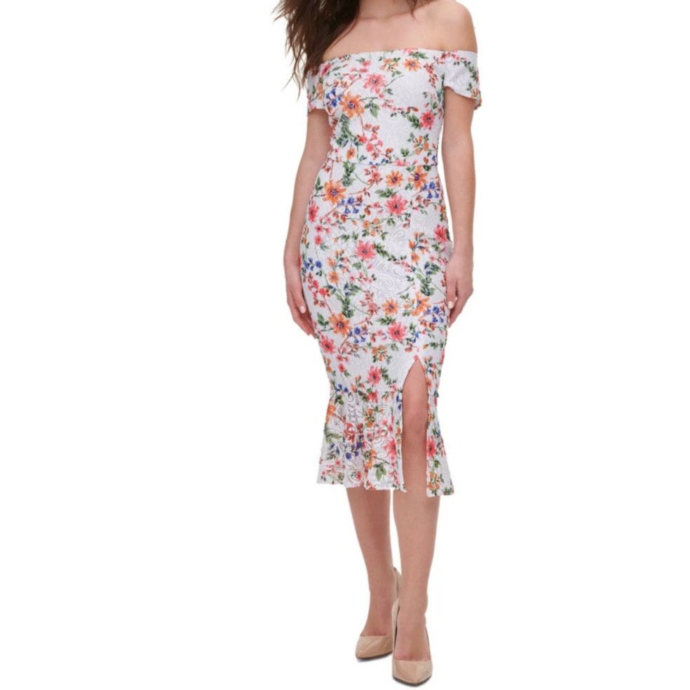 Guess White Red Floral Off-The-Shoulder Midi Dress size 14