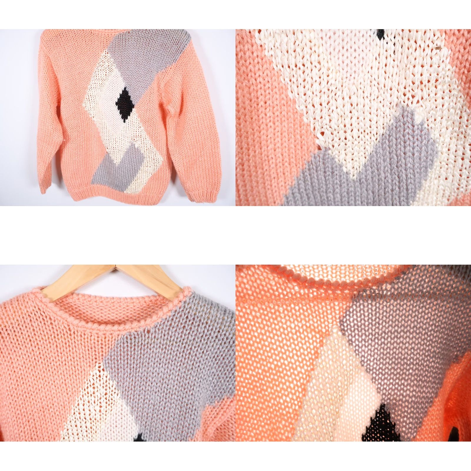 Pinko VINTAGE 80s Chunky Knit Sweater Women's Medium Pink Gray Geometric Acrylic VTG Pullover Crew Neck Casual Hipster Retro Womens Size S / US 4 / IT 40 - 8 Thumbnail