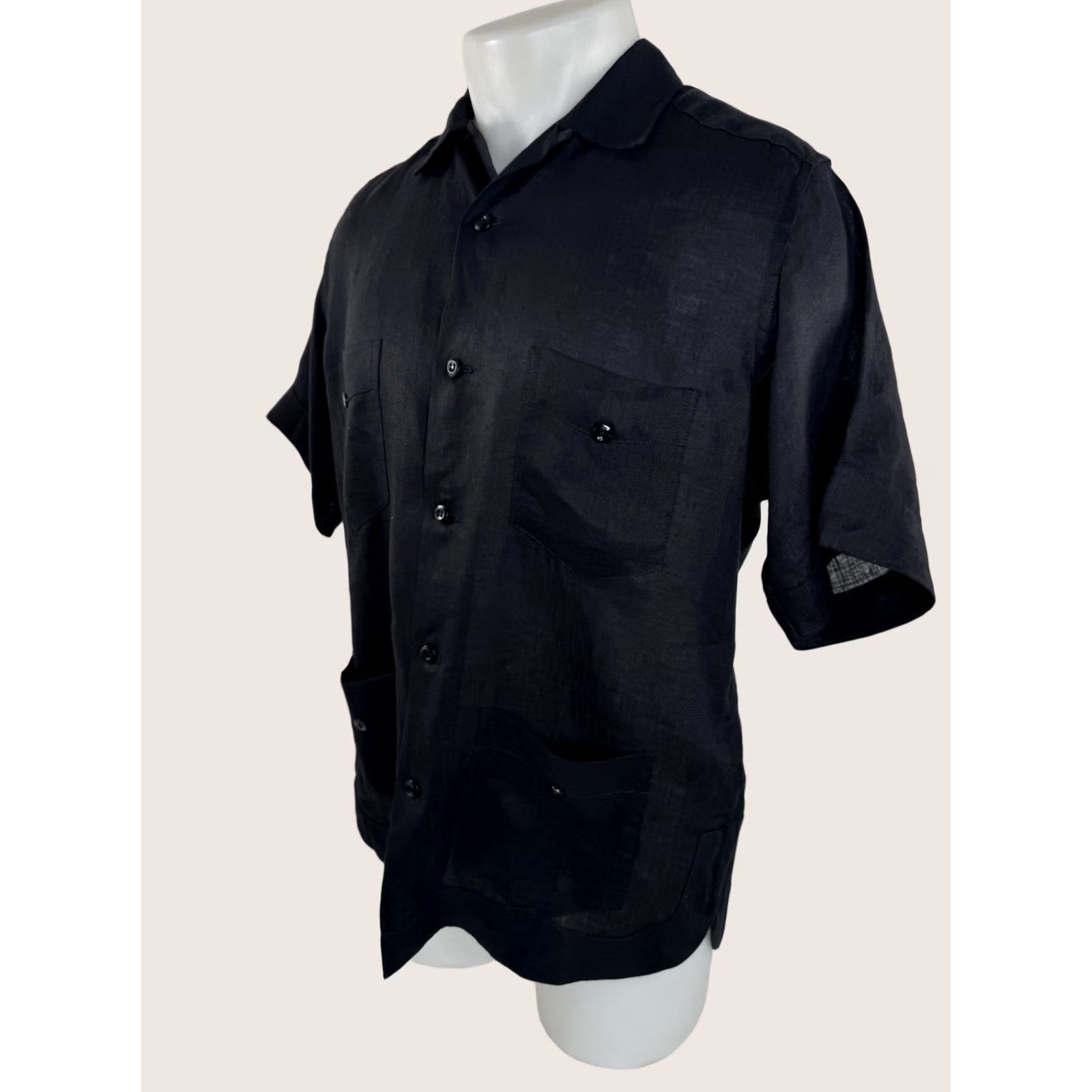 Monitaly Monitaly Los Angeles California Linen 4 Pocket Guayabera Shirt S Black Short Sleeve Button-Up Mens X Size US S / EU 44-46 / 1 - 1 Thumbnail