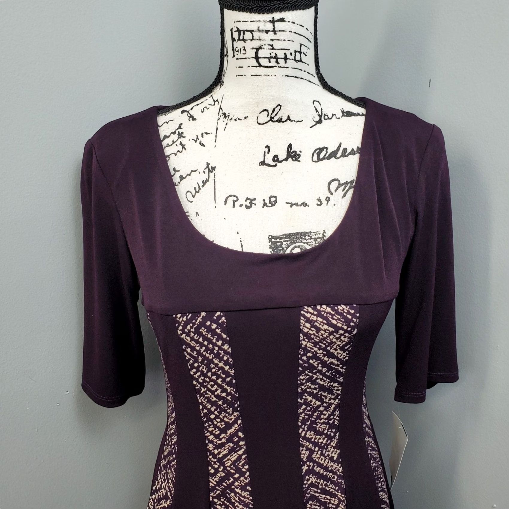 Vintage Connected Apparel Sheath Dress Womens Size 10P Purple Tan Stretch Scoop Neck Dress Size L / US 10 / IT 46 - 3 Thumbnail