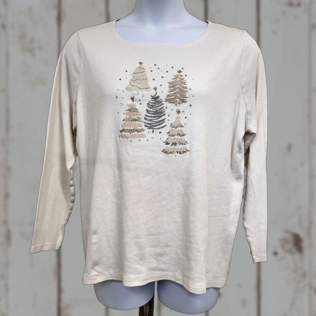 Croft & Barrow Croft & Barrow Classic Shirt Womens 1X Ivory Christmas Tree Glitter Sparkle Christmas Tree Rhinestones Glitter 3/4 Sleeve Brushed Cotton Jersey Size XL / US 12-14 / IT 48-50 - 1 Thumbnail