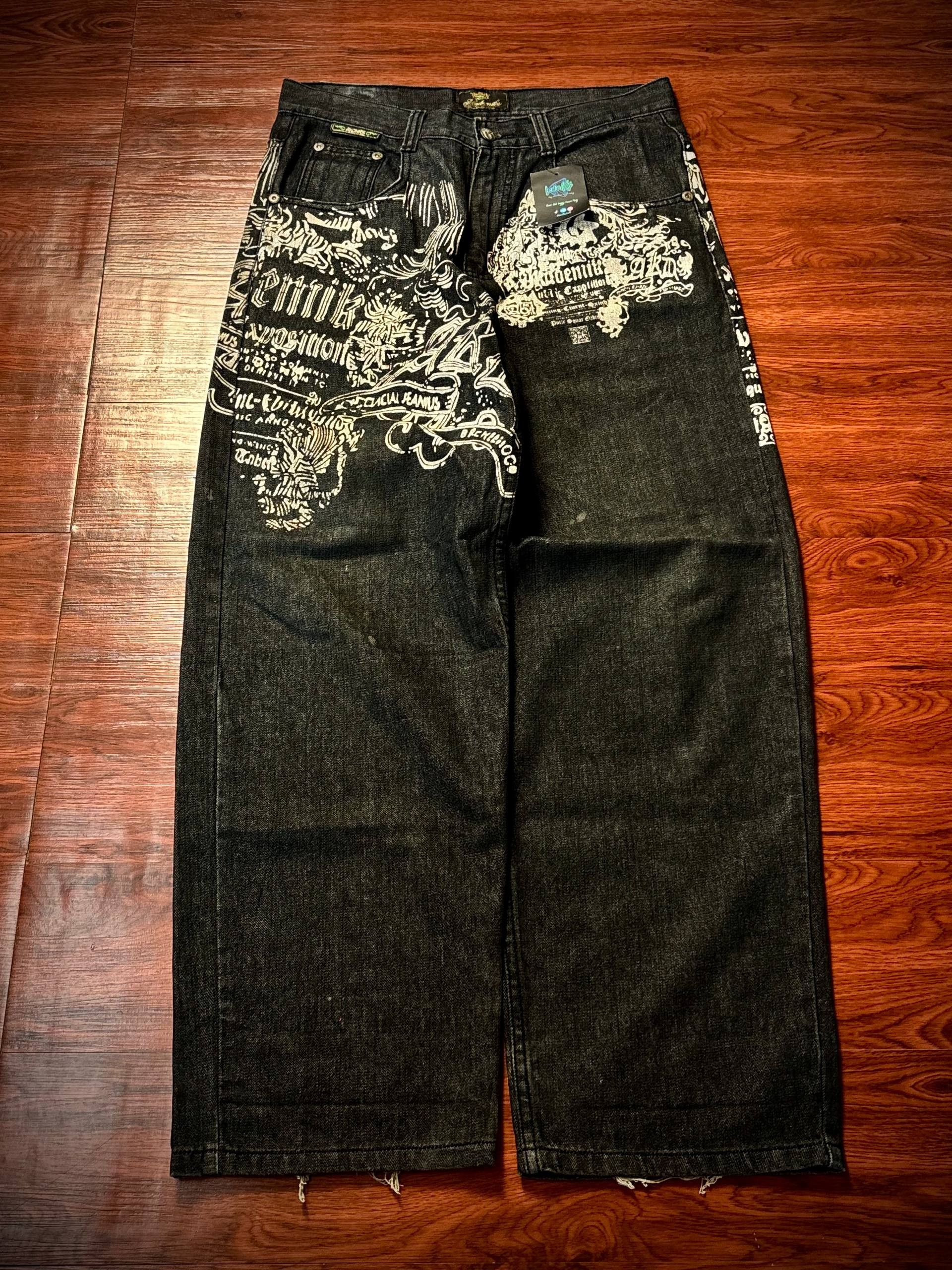 JNCO Vintage 00s Black Akademiks Rare Back Prints Logo Denim Pant Size US 34 / EU 50 - 3 Thumbnail