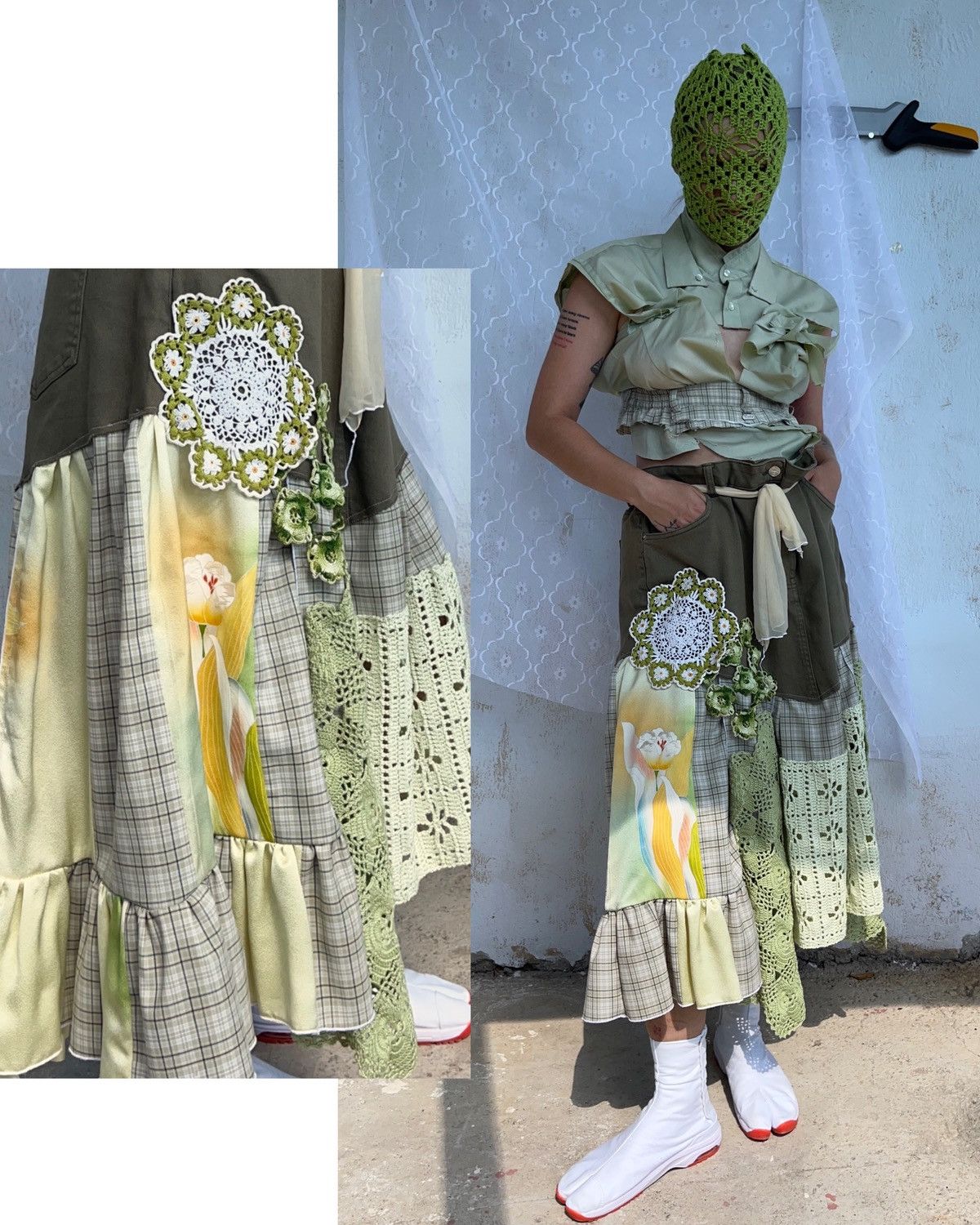 Custommade Upcycled Denim Patchwork Skirt with Vintage Kimono & Crochet Size 36" / US 14 / IT 50 - 5 Thumbnail