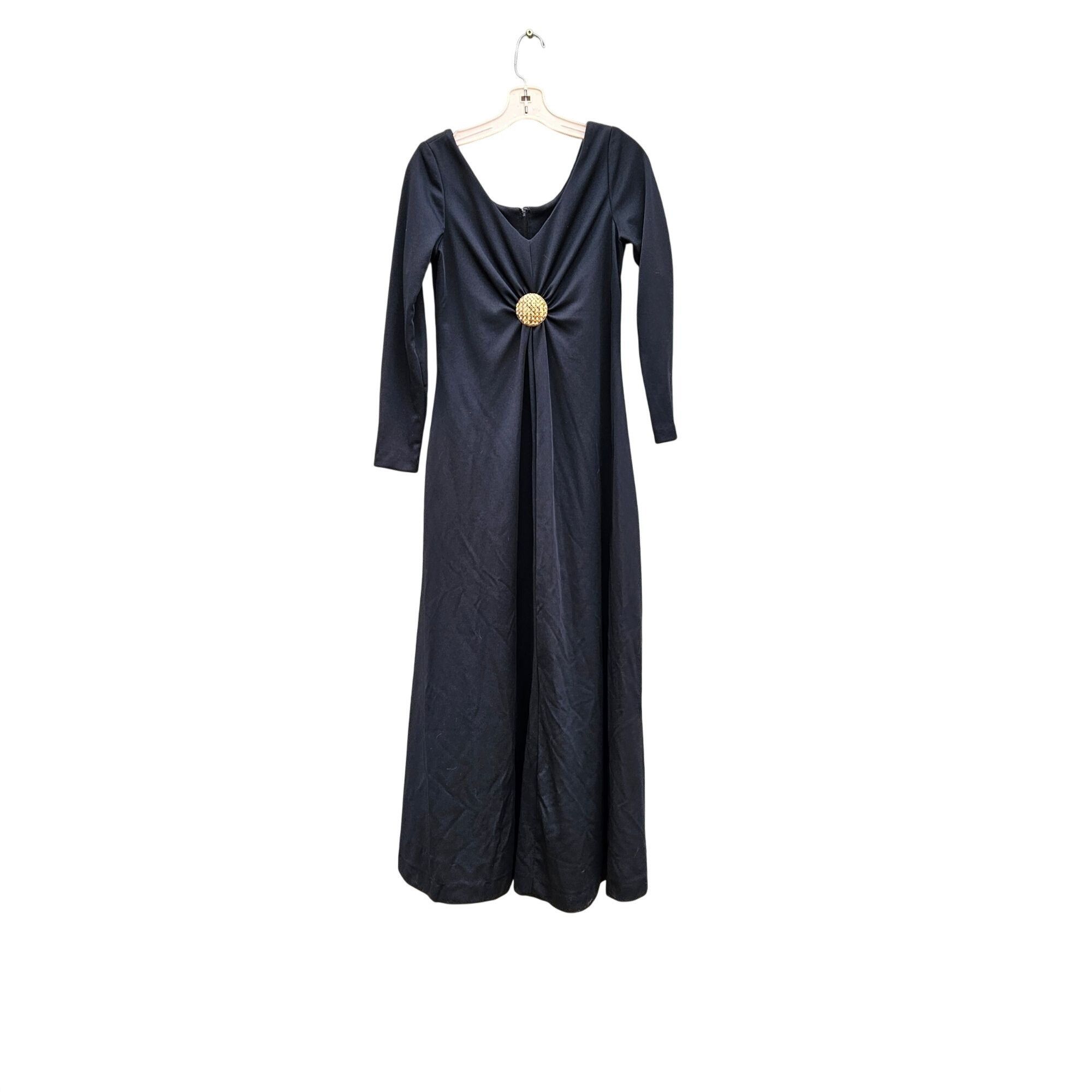 Vintage Vintage Black Doubleknit Maxi Dress Gold Medallion Empire Dr Size M / US 6-8 / IT 42-44 - 9 Thumbnail