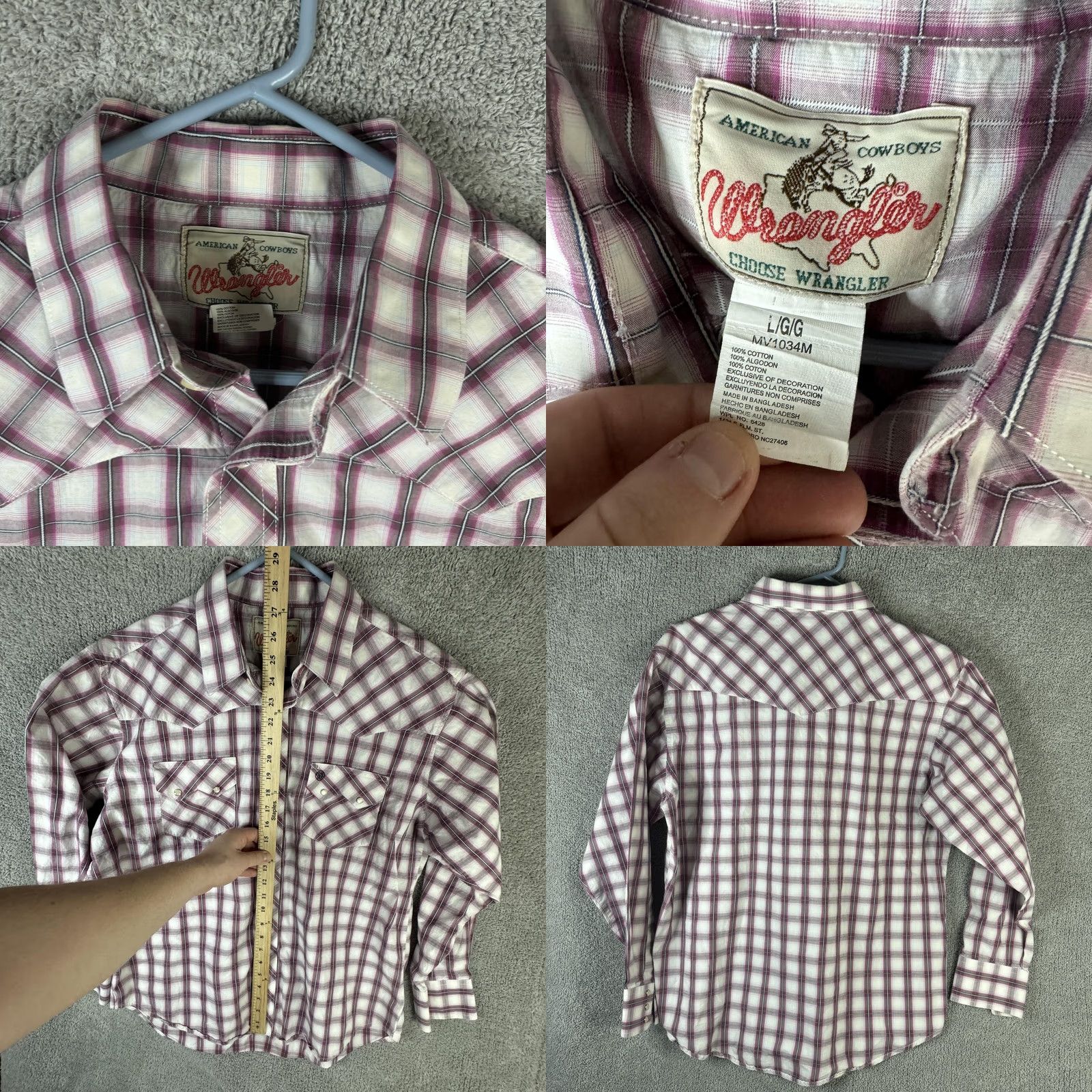 Wrangler VINTAGE Wrangler Western Shirt Mens Large Purple White Plaid Pearl Snap Long Sleeve Size US L / EU 52-54 / 3 - 8 Thumbnail