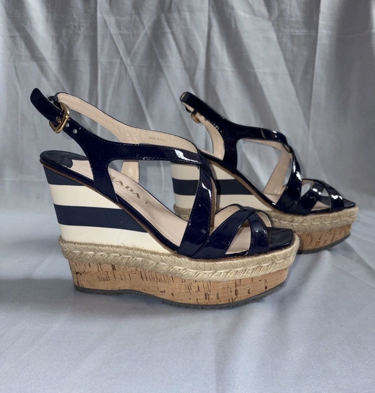 Prada Prada Navy White Stripes Patent Leather Wedge Sandals 38eu Size US 8 / IT 38 - 4 Thumbnail