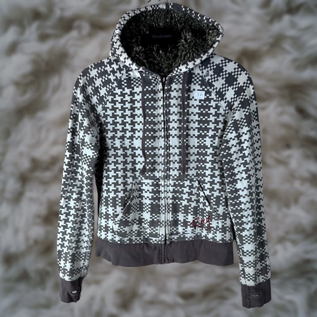 Vintage Roxy Hoodie Full Zip Houndstooth Sherpa Lined Grey White Vintage Y2K ST Small Womens Size S / US 4 / IT 40 - 1 Thumbnail