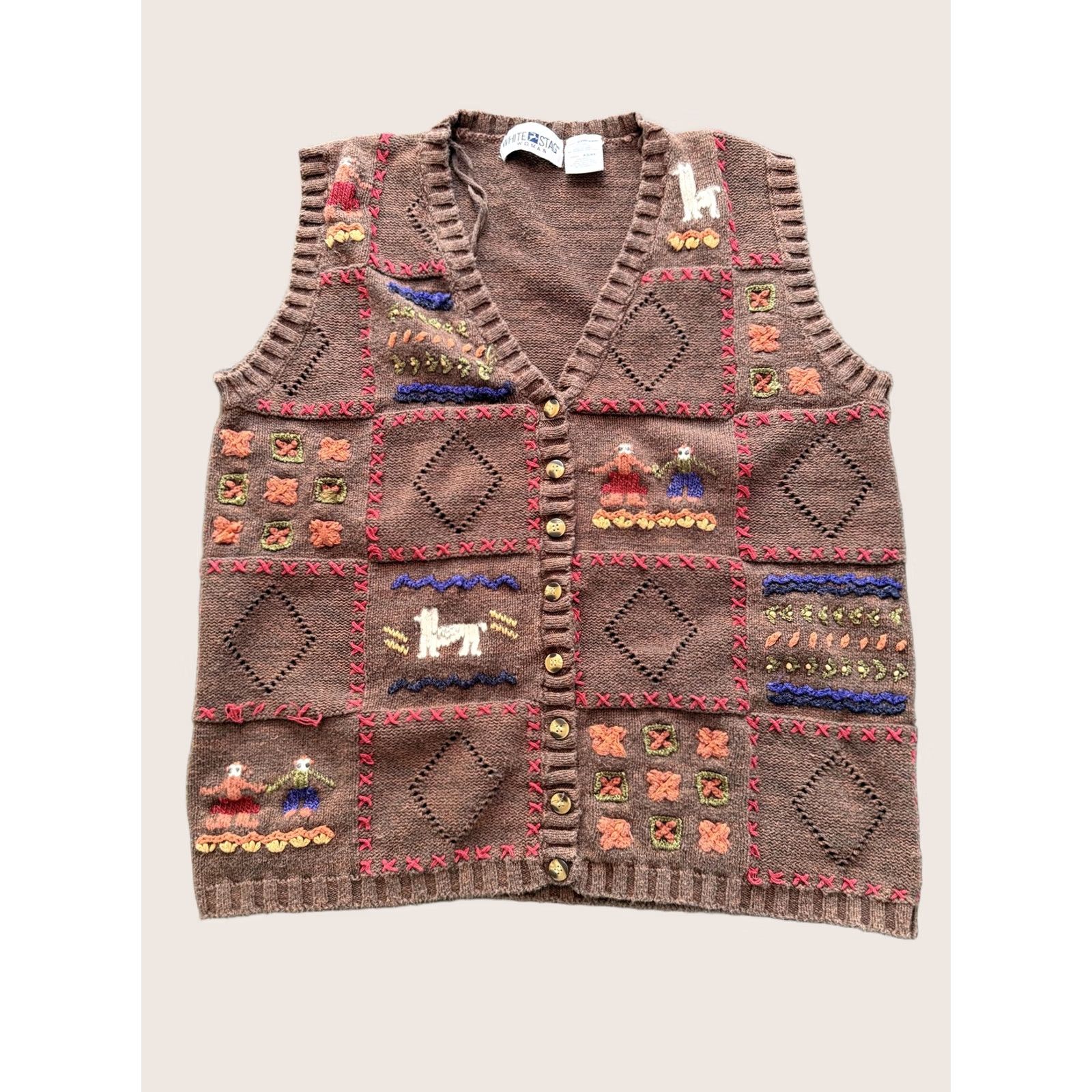Vintage VINTAGE White Stag Sweater Vest Womens 22W/24W Brown Knit Embroidered Animals Geometric Button Front V-Neck Sleeveless Ramie Cotton Knit Womens Size 3XL / US 20-22 - 1 Thumbnail
