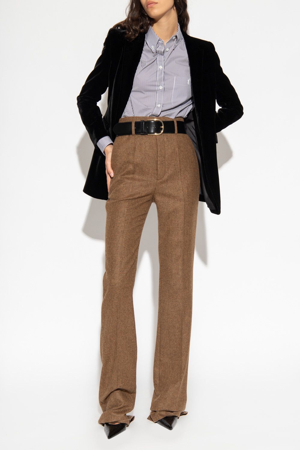 Saint Laurent Paris o1s1wg110924 High-Waisted Pants in Chevron Wool in Brown Size 30" / US 8 / IT 44 - 3 Thumbnail