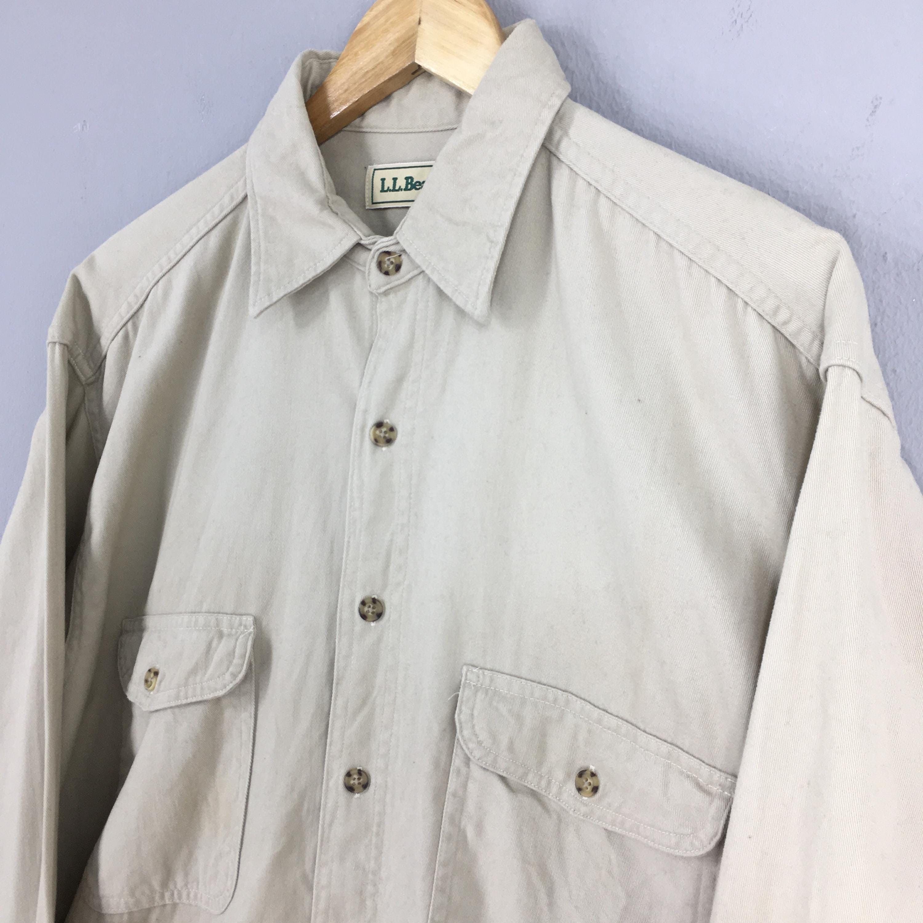L.L. Bean × Vintage Vintage 90s LL Bean Flannel Plain Beige Shirt Mens Medium Size US M / EU 48-50 / 2 - 3 Thumbnail
