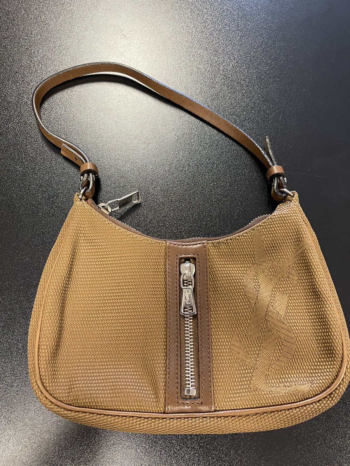 YSL Yves Saint Laurent Embroidered Handbag Purse Brown