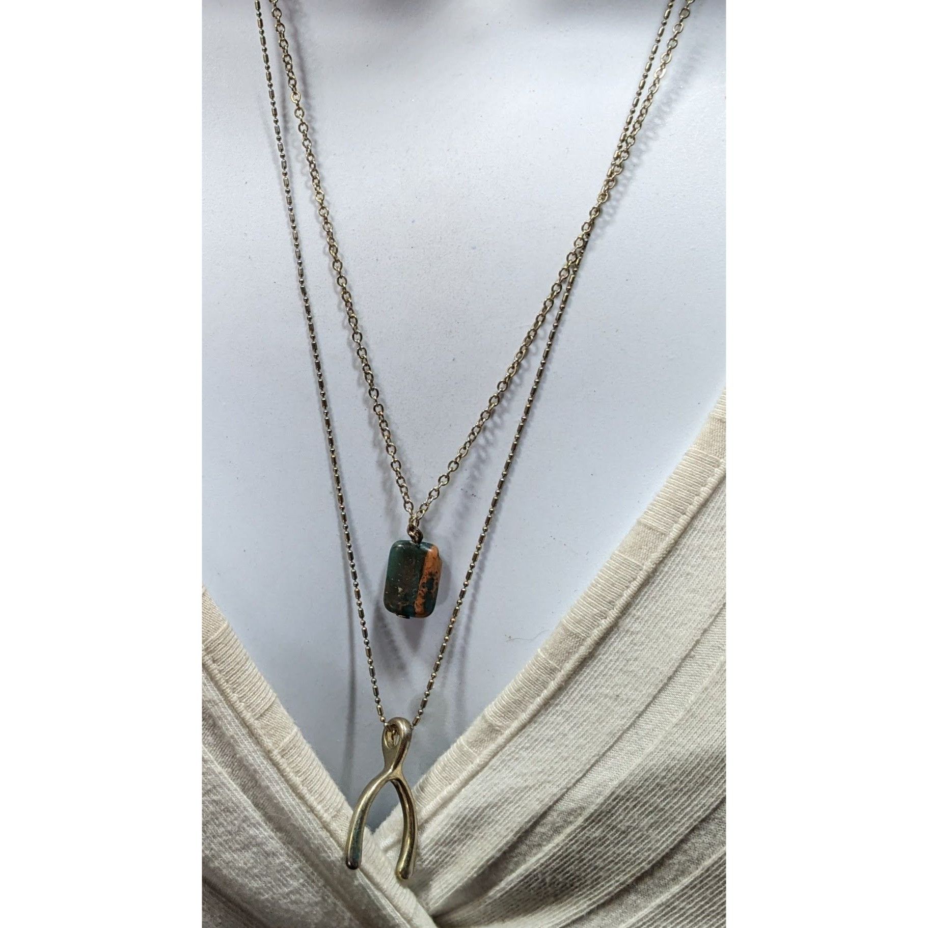 Other Layered Lucky Wishbone And Picture Jasper Dual Pendant Neckl Size ONE SIZE - 2 Thumbnail