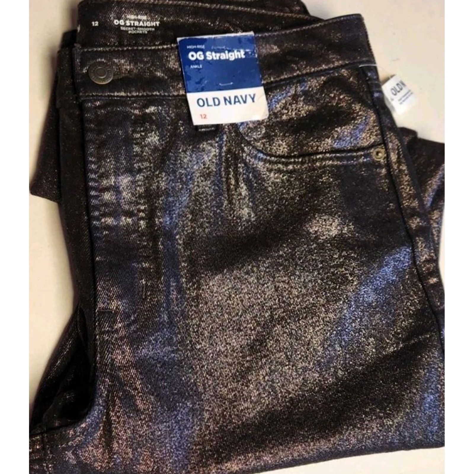 Old Navy VINTAGE Old Navy High-Waist Shine OG Straight Ankle Jeans Womens 12 Black Shine Pant NWT NEW Size 34" / US 12 / IT 48 - 3 Thumbnail